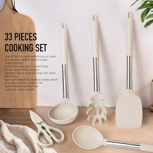 Kitchen Utensils Set-Silicone Cooking Utensils-33pcs Non-Stick Silicone Cooking Kitchen Utensils Spatula Set with Holder-Best Kitchen Cookware with Stainless Steel Handle (Khaki) - color: Khaki