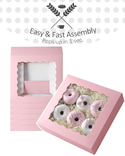 qiqee Auto-pop up Cookie Box with Window 8"x8"x2.5" 240Pcs Bakery Box Pink - color: 240Packs, Pink