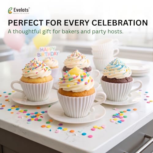 Evelots 12-Piece Silicone Teacup Cupcake Molds, 6 Cups & Saucers, BPA-Free - color: White, size: 12 Piece Set