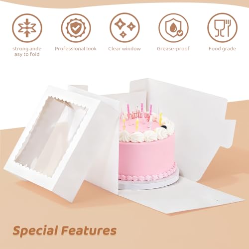Oungg 1 Pack 10x10x10 Inches Cake Boxes with Window,Cake Boxes with 10 in Cake Boards, Cake Drum White (1-pack) for Birthdays
