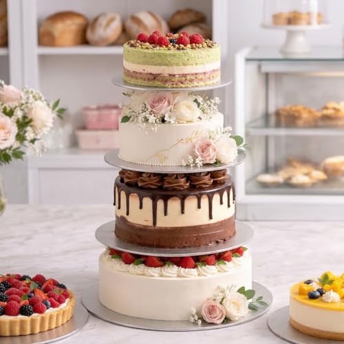 Silver Cake Boards 4 Pack, 6 8 10 12 Inch Round Cardboard Cake Base - color: Silver