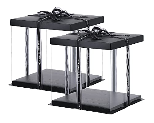 XININSUN 2Pcs Large Cake PET Clear Box, 10" X 10" X 9" with ribbon and pre-folded lid, for 8" cake packing carry, baking cookie display, Carry Tall Layer Gift, Festive Gift Box -Black - color: Black