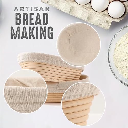 Banneton Bread Proofing Basket with Brochure Set of 2, Sourdough Baking Supplies for Rising, Round & Oval Proving Baskets with Liners, Handmade from Quality Natural Indonesian Rattan - size: Round & Oval