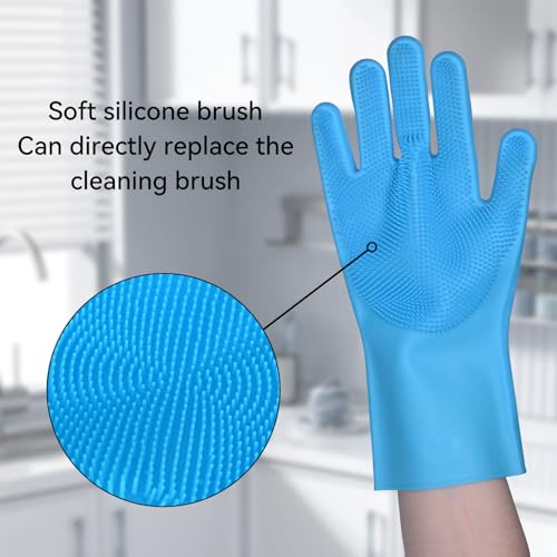 Silicone Dishwashing Gloves with Scrubbers, Pet & Dish Scrubbing（1pair, 12.2" L）