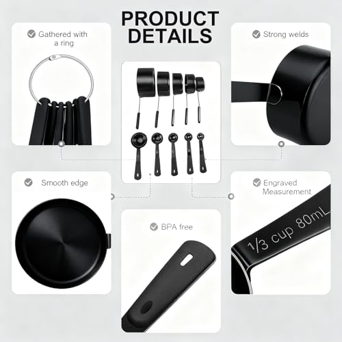 Bopei 10-Pcs Stainless Steel Measuring Cups & Spoons Set, Matte Black - color: All Black