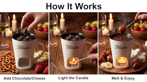 White Chocolate Fondue Mug with Tealight & Fork – Ceramic Single-Serve Fondue Cup for Chocolate & Cheese Dipping - color: White
