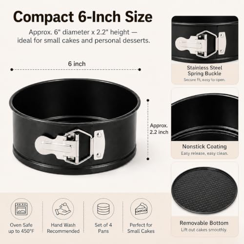 Zimtty 6 Inch Round Nonstick Springform Pans with Removable Bottom, 4 Pack