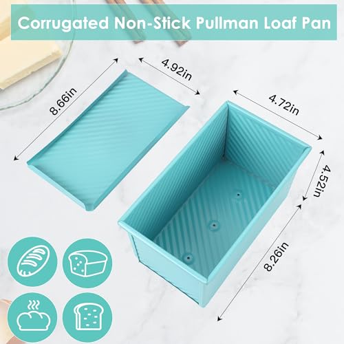 Blue Pullman Loaf Pan with Lid, Sandwich Bread Pullman Loaf Pan, 1LB Dough Capacity Rectangular Bread Pan, Non-Stick Loaf Pan with Dough Scraper Cutter for Sandwich Bread - color: Blue, size: 8.3inch
