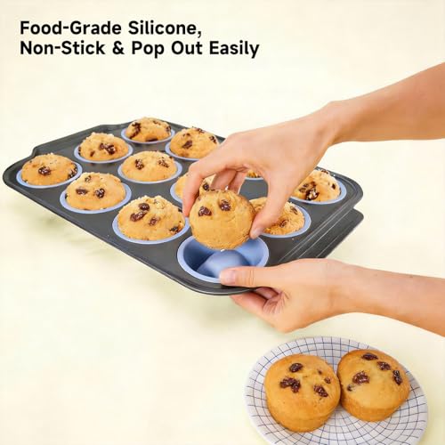 Rigid-Frame Silicone Muffin Pan for Baking,No-Spill Easy-Transfer Design,Reinforced Steel Frame, Non-Stick & Dishwasher Safe,12-Cup Regular Size Muffin & Cupcake Pan Bakeware for Oven (Blue 1pcs) - size: 1pcs