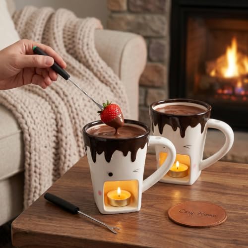 Dicunoy 2 Set Fondue Mug with Fork, Chocolate Melting Cup for Cheese Gift