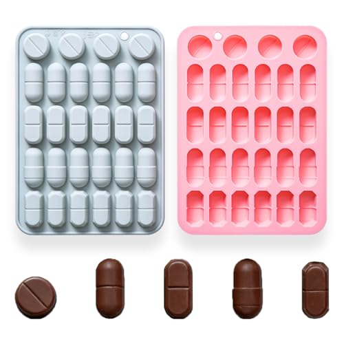 2 Pcs Silicone Molds for Pills, 28 Cavity Capsule Shaped Molds Trays for DIY Chocolate, Candy, Ice Cube, Gummy, Jello, Jelly, Cupcake Decorations, Candles, Soaps