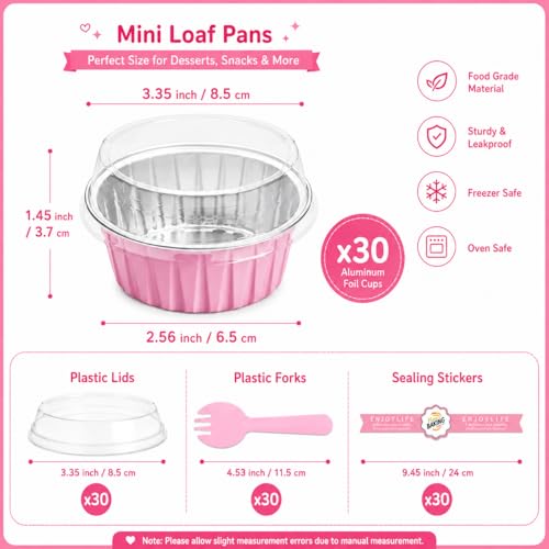 30 Pack Mini Round Aluminum Foil Cake Pans with Lids and Spoons, Food Grade Disposable Baking Cups Ramekins, Oven Air Fryer Freezer Safe for Wedding Favors Mother's Day Party (Pink (Round)) - color: Pink (Round)