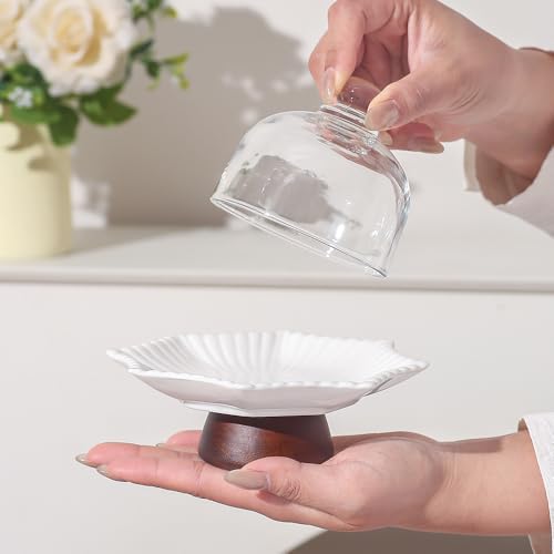 2 Pack 5.2 in Mini Ceramic Cake Stands with Glass Dome Covers, White Pedestal Dessert Display Plates with Acacia Wood Feet for Macarons, Cupcakes, Candy, Cheese and Tea Parties - color: Two 5.2-inch mini ceramic dessert cups