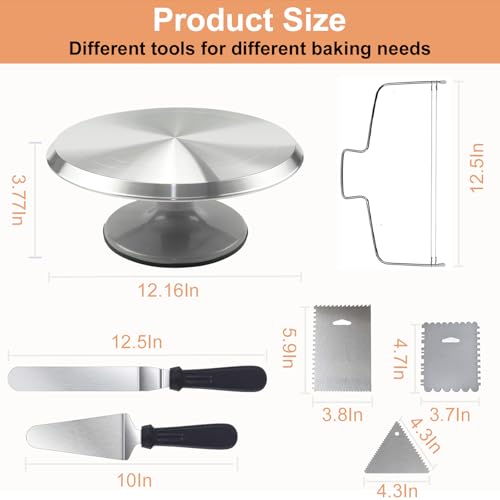 Aluminium Cake Turntable Set with Revolving 12 Inch Cake Stand for Decorating, Offset Spatula, Cake Server, Stainless Steel Frosting Icing Smoother, Pastry Bags and Other Baking Tools（16Pcs）