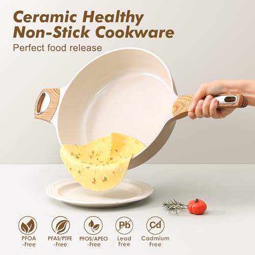SENSARTE Ceramic Nonstick Frying Pan Skillet with Lid, 10.5 Inch Deep Frying Pan, 3.8 Qt Saute Pan, Induction Pan, Healthy Non Toxic Cooking Pan with Helper Handle, PFOA PFAS PTFE Free - color: Ceramic Taupe, size: 3.8QT / 10.5IN