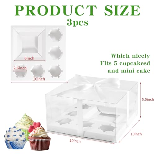 JCD 3 Packs Cake Cupcakes Combo Box 1+5 Cupcake Containers with Gift Ribbon Bento Clear Boxes (5 Cupcakes with Cake)(1+5/3Pcs) - size: Clear 1+5/3Pcs
