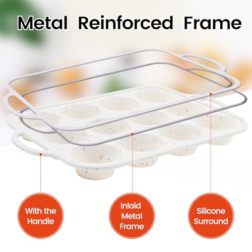FUNBAKY Silicone Cupcake Pan, Metal Reinforcement Regular Size 12 Cups & Mini 24 Cups Nonstick Easy to Demold Baking Mold for Making Homemade Muffins - size: Regular 12-Cup + Mini 24-Cup