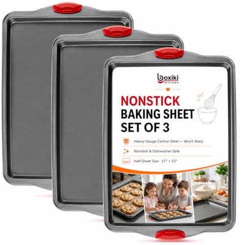 Premium Nonstick Baking Sheet Pans – Set of 3, Heavy-Gauge Carbon Steel, Warp, Dent, and Rust-Resistant – Gourmet Rimmed Half Cookie Sheet Trays, Non-Toxic for Exceptional Baking Performance - color: Red & Grey