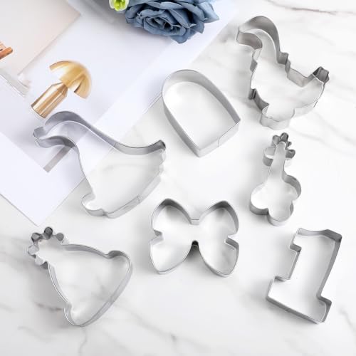 7 PCS Silly Goose Baby Shower Cookie Cutters Set, Stainless Steel Cute Goose Duck Number 1 Balloon Bow Hat Biscuit Cutter Molds for First Birthday Party Decorations