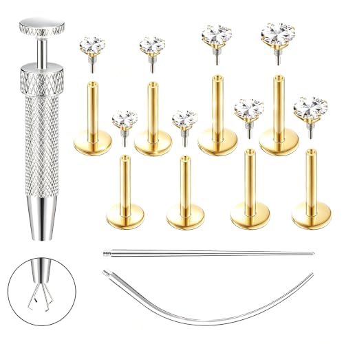16G 18G Flat Back Earrings Stud 316L Surgical Stainless Steel Internal Thread Piercing Jewelry for Helix, Cartilage, Tragus, Nose, Labret – with Ball Grabber Tool - color: Gold：16G Bar-6/6/7/8mm & CZ-2/2.5/3/4mm
