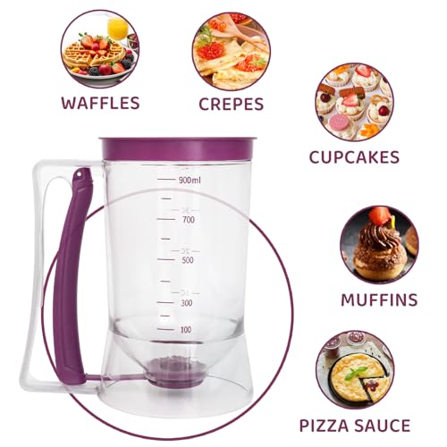 Pancake Batter Dispenser, Kitchen Must Have Tool for Perfect Pancakes, Cupcake, Waffle, Cake & Crepe, Batter Separator Maker with Measuring Label, Easy Pour Baking Supplies for Griddle (Purple) - color: Purple
