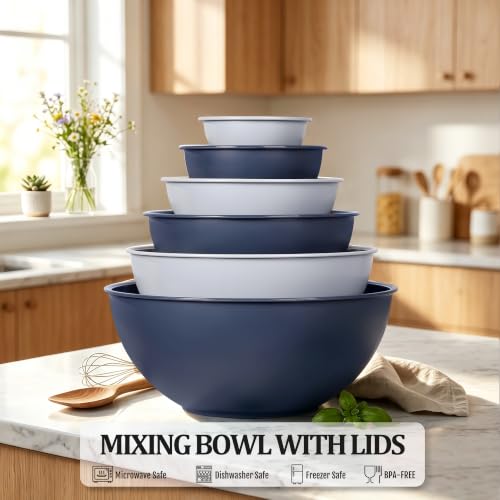 BoxedHome BPA Free Plastic Round Mixing Bowl with Lids, 12 Pack Nesting Bowls with Lids Set, Microwave and Dishwasher Safe Prep & Serving Bowls Great for Mixing, Baking, Serving (Haze Blue, 12pcs) - color: Haze Blue