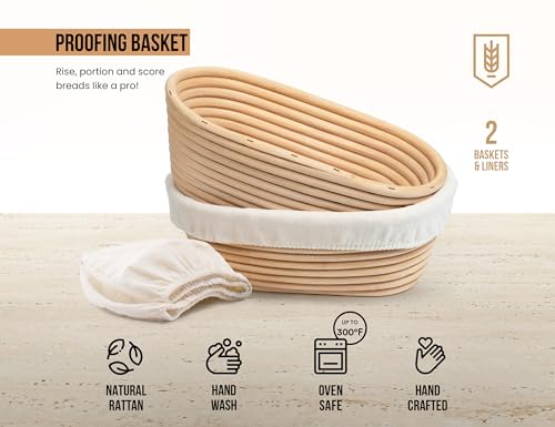 Kook Banneton Bread Proofing Baskets, Artisan Sourdough Bread Making Baskets, 9.8 Inch Handwoven Rattan Baskets and Cloth Liners, Set of 2, Oval - color: Oval Baskets