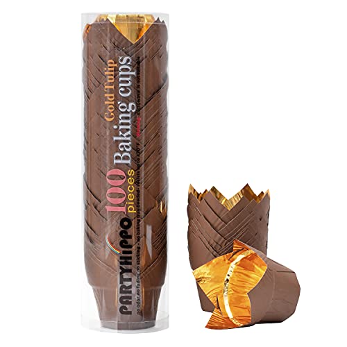 Party Hippo Gold Tulip Cupcake Liners, Baking Paper Cups, Greaseproof Cupcake Wrappers for Muffins, Cupcakes, Wedding, Birthday, Baby Shower (100, Coffee) - color: Coffee