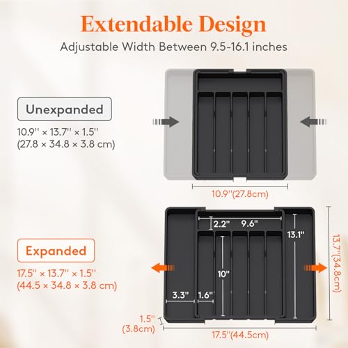 Lifewit Expandable Silverware Drawer Organizer, Kitchen Utensil Tray - color: Black, size: Large (11-18''W x 14''D)