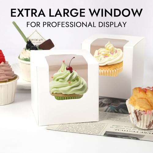 JCD 70pcs Cupcake Boxes, 3.5inches Auto-Pop up Single Individual Pre-Assembled White Cake Boxes with Window and Inserts Single Cupcake Containers for Birthdays, Wedding(White/70Pcs) - color: White/70Pcs