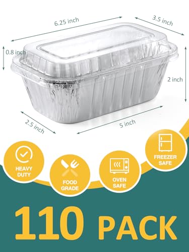 NEEBAKE 110 Pack 6x3.5x2 Disposable Aluminum Loaf Pans with Lids - 1 Lb Mini Loaf Pans, Small Aluminum Tin Foil Baking Pan, Food Containers for Baking, Cakes, Bread, Meat, Loaves