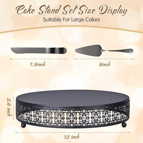Wenqik Black Metal Cake Stand 12 Inch with Cutting & Spatula - color: Black, size: 12 Inch
