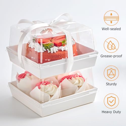 ZORRITA Paper Cake Boxes with Clear Lids, 7" x 7" x 4", 20 Pack, White - color: White