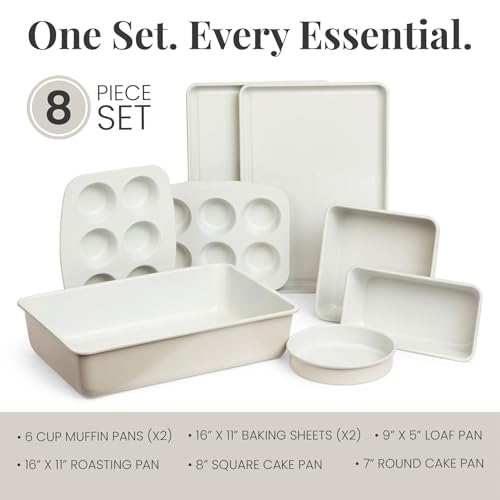 Larder & Vine 8-Piece Stackable Bakeware Set, Ceramic-Coated Nonstick Baking Pan Set, Non-Toxic, with Baking Sheets, Muffin Pan, Loaf Pan & Cake Pans, French Gray - color: French Gray