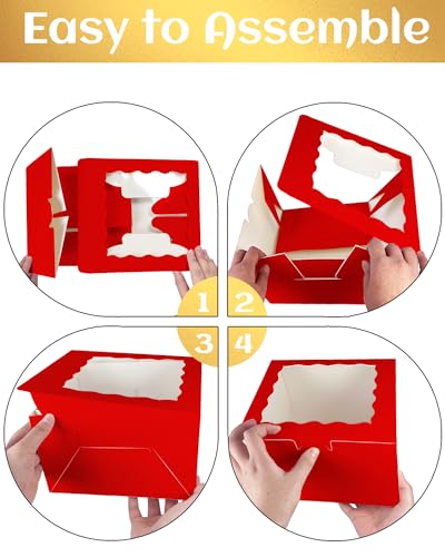 qiqee 8x8x5 Cake Box, 18 Sets Red Cake Box with Window ＆ 18 Sets 8" Red Cake Round Boards, 8inch Cake Containers - color: Red, size: 18 Sets /8x8x5