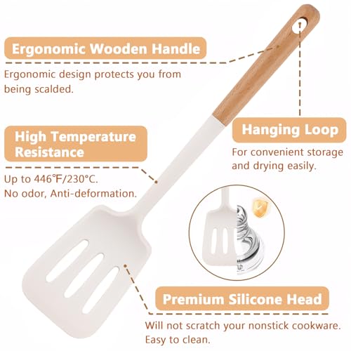 Silicone Kitchen Utensils Set of 4, Large Non-Stick Cooking Utensil Set w Wooden Handle Food Grade Heat Resistance Turner Spoon Silicone Cooking Kitchen Gadgets BPA Free for Nonstick Cookware - color: White, size: Large 4-Piece Set