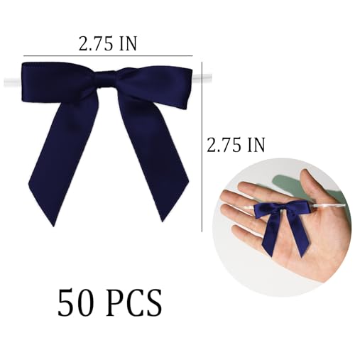 50 Pcs Satin Bows with Twist Ties, 2.5 Inch Gift Wrapping Bows, Navy Blue - color: Navy Blue