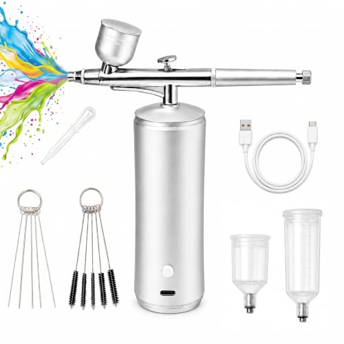 Cordless Airbrush Kit with Compressor, 48PSI Rechargeable Spray Gun Set, 0.3mm Nozzle & 2 Paint Cups (20cc/40cc) for Painting, Nail Art, Cake Decor, Makeup, Modeling