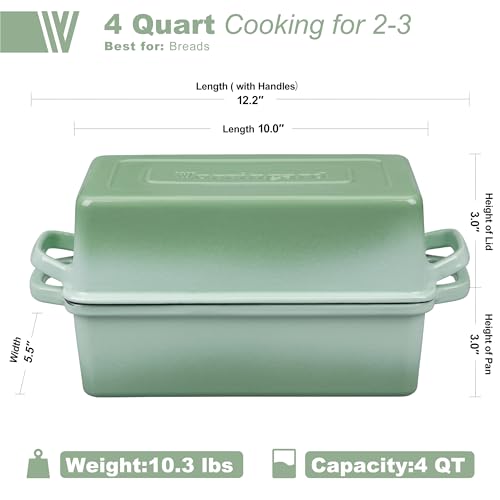 VORRINGARD Enameled Cast Iron Loaf Pan with Lid, Double Bread pan, Bread Dutch Oven for Sourdough Bread Baking, Cake, Meatloaf, 10X5.5 inch, 4 Quart, Green - color: Green
