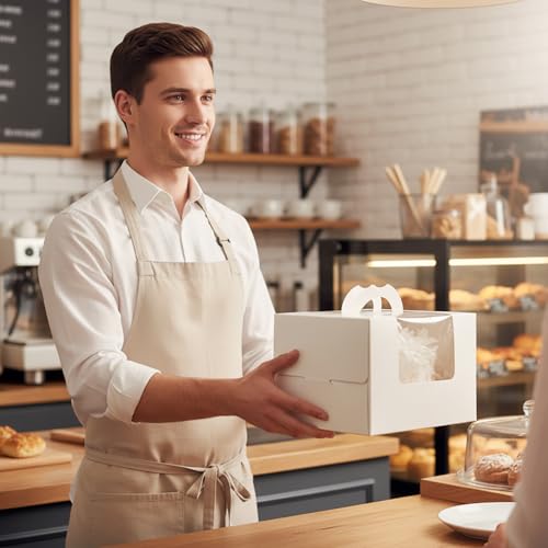 10 Packs Cake Boxes 8Inch, White Bakery Carrier with Window, Cardboard Cake Containers with Handle for Cookie Dessert, Cajas Para Postres for Birthday Wedding Party Valentine's Day