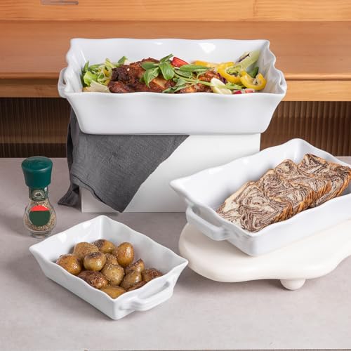 Sweejar Casserole Dishes for Oven, Ceramic Bakeware Set of 3, Rectangular Baking dish with Handles, Wave Edge Lasagna Pan Deep for Cooking, Cake, Dinner, Banquet and Daily Use (White) - color: White New, style: Baking dish(Set of 3)