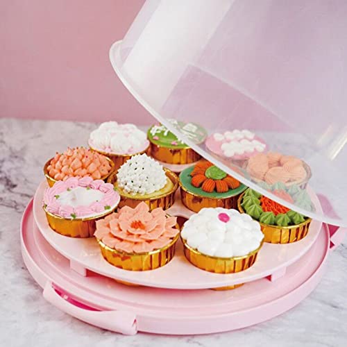 Cake Carrier Round Cake Stand Plus Height Cake Container with Cupcakes Pad, Handle, Lid Reusable Package Box for Transporting Desserts,Pie,Toast,Fruit - color: 10 inch Pink
