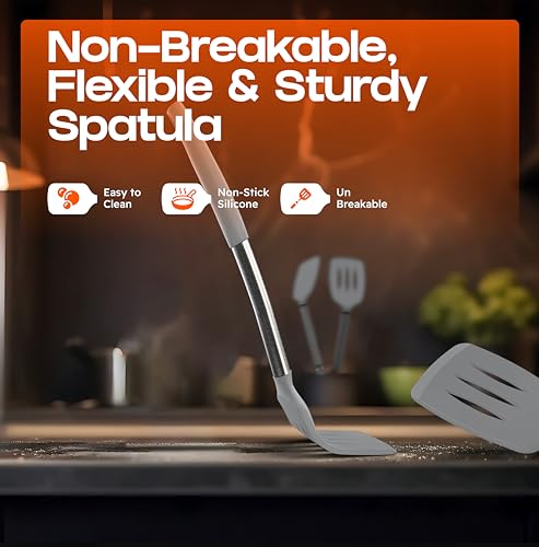 BakeRoyal Silicone Spatula Set - Turner Spatulas Silicone Heat Resistant 600°F - Slotted & Solid Spatula for Cooking Fish, Eggs, Pancakes Flipper – Spatulas for kitchen use – Gray - color: Gray