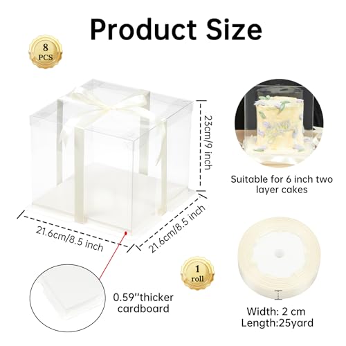 8 Pcs Clear Gift Box with Ribbon 2-Layer 8.5x8.5x9 Inch, Transparent Cake Carrier Box with Lids, PET Tall Cake Packaging Boxes, Clear Gift Boxes for Birthday,Wedding and Festival Party - size: 8.5*8.5*9 in