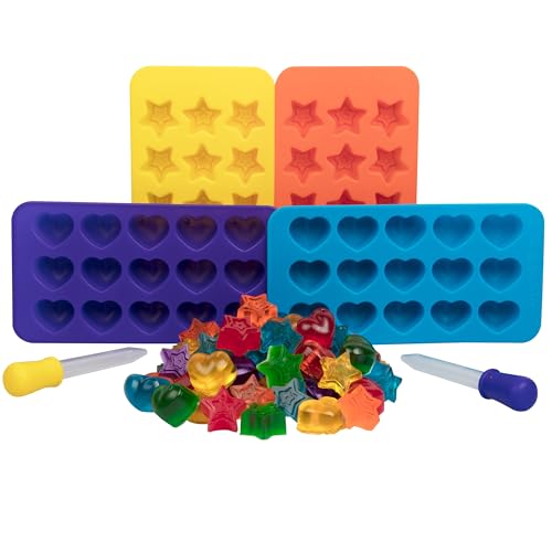 Silicone Gummy Candy Molds 4pk, Star & Heart Shapes with 2 Droppers - color: Heart and Star