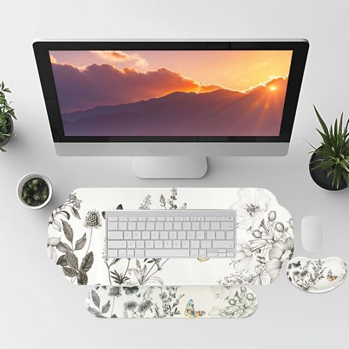MEGREZ Large Mouse Pad&Wrist Rest Support for Mouse&Keyboard Wrist Rest, Ergonomic Memory Foam Wrist Rest, 3-in-1 Non-Slip Base Cloud Shape Desk Pad Mat for Home/Office, Butterfly and Flower