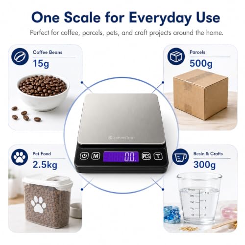 KitchenTour Digital Kitchen Gram Scale - 3000g/0.1g - High Accuracy Precision Food Scale with 9 Units(g/oz/ml/lb/lb:oz/gn/ozt/DWT/ct) - Meat Scale with Back-Lit LCD Display(Batteries Included) - size: 3000g/0.1g (Pack of 1)