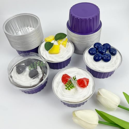 100Pcs Aluminum Cups with Lids,5oz Disposable Ramekin Baking Cups Muffin Liners Mini Pie Pans Foil Cupcake Containers for Christmas Party Wedding Party,Dark Purple - color: Dark Purple