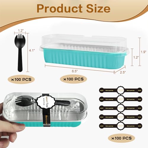 100 Pack Mini Cake Pans with Lids and Spoons, Mini Loaf Baking Pans 6.8oz, Small Disposable Aluminum Foil Loaf Pans, Rectangular Baking Containers for Party and Picnics, Cheesecake Pans (Blue) - color: wathet