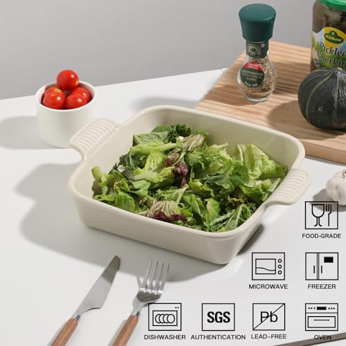 Sweejar Ceramic Baking Dish, 9 x 9 Cake Baking Pan for Brownie, Porcelain Square Bakeware with Double Handle for Casserole, Lasagna, Family Dinner (Beige) - color: Beige, size: Square 9IN